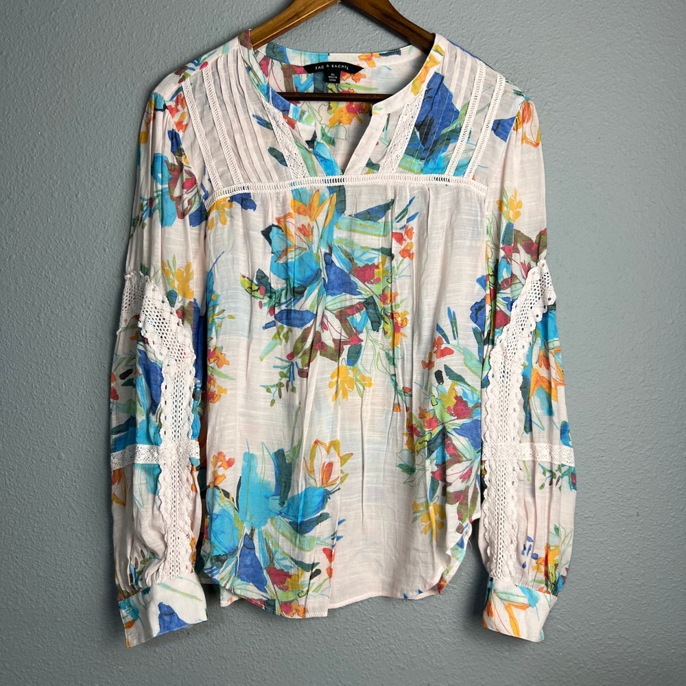 Zac & Rachel V Neck Spring Floral Print‎ Blouse Lace Trim Long Sleeve Top XL